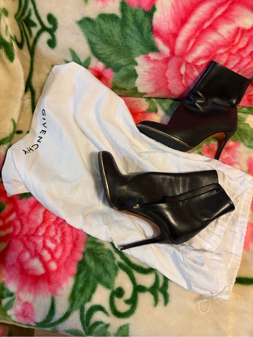 Givenchy Black Leather High-Heel Ankle Booties with Gold Trim